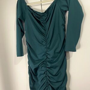 SHEIN Green Ruched Bodycon Dress V-Neck Long Sleeve